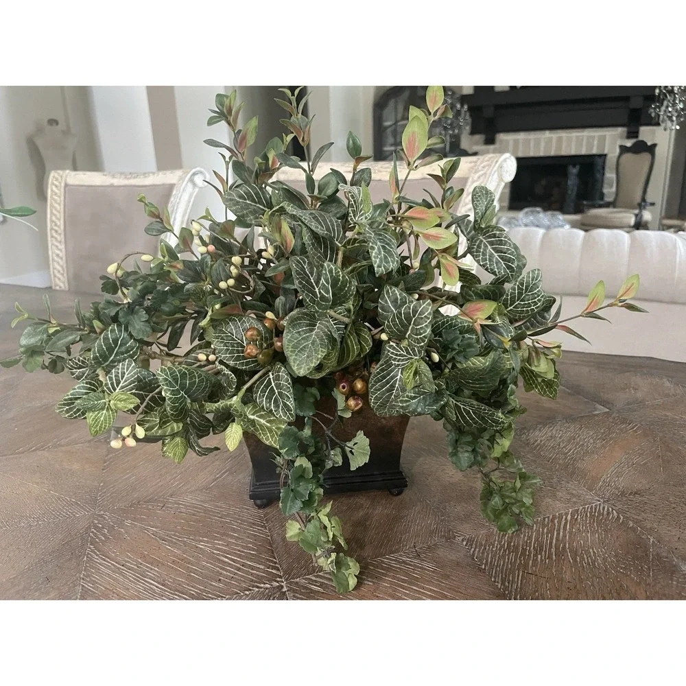 Faux Greenery & Berry Floral Arrangement Sm Resin Footed Container